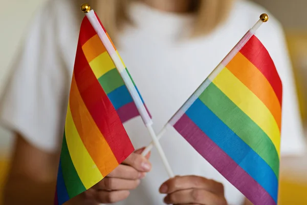 Stylish Woman in white shirt with the LGBT pride flag sign. Concept of the Pride day, Valentine day, freedom, love. Flat lay, top view, template, overhead — Stock Photo, Image