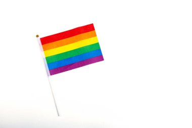 LGBT gurur bayrağıyla yapılmış, kalbi LGBTQ gurur rengine boyanmış. 2020 Onur Günü ve Coronavirus Covid-19 karantinası sırasında Uluslararası Homofobiğe Karşı Gün.