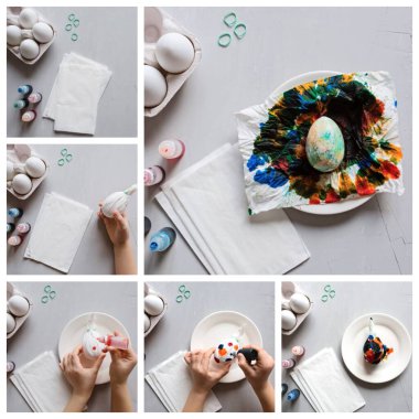 DIY ve çocukların yaratıcılığı. Adım adım: Boyalı paskalya yumurtaları nasıl yapılır. Üst manzara, düz yatış. Kolaj