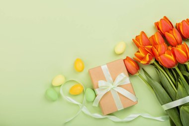 Renkli paskalya yumurtaları ve yeşil arka planda izole edilmiş pastel renkleri olan şık bir arka plan. Düz konum, üst görünüm, model, genel görünüm, şablon