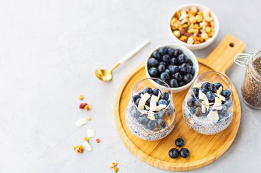 Granola ve taze yaban mersinli Chia pudingi. Fotokopi alanı olan gri beton arka planda. Sağlıklı beslenme, sağlıklı yaşam tarzı, diyet, fitness menüsü. Seçici odak