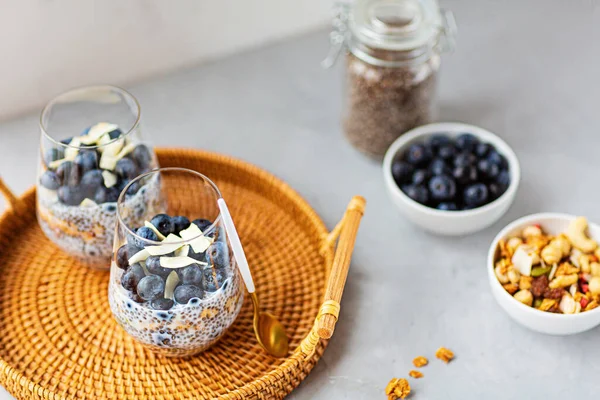 Budín de chía con granola y arándanos frescos en las copas sobre un fondo de hormigón gris con espacio para copiar. Concepto de alimentación saludable, estilo de vida saludable, dieta, menú de fitness. Enfoque selectivo — Foto de Stock