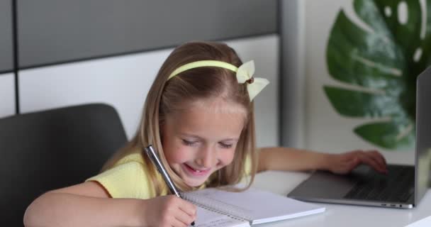 Étudiante caucasienne de petite fille étudiant en ligne de la maison, regardant la leçon de classe Web ou écoutant tuteur par appel vidéo elearning pendant coronavirus covid-19 isolement auto pandémique. Mouvement lent — Video