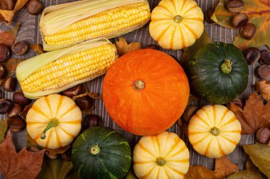 Kahverengi ahşap masa üzerinde balkabağı, mısır, yaprak ve kestane içeren sonbahar kompozisyonu. Düz konum, üst görünüm, model, genel giderler, kopyalama alanı. Sonbahar hasadı ya da Şükran Günü kavramı.