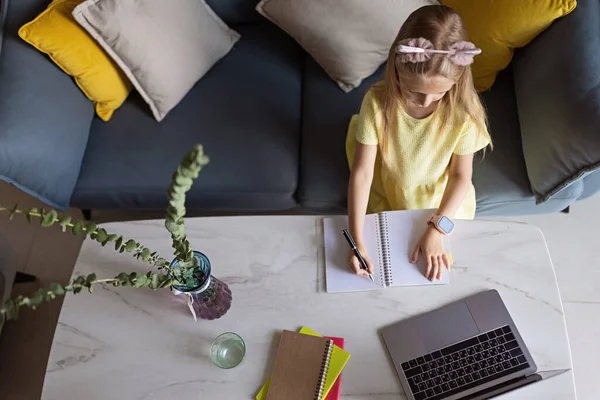 Bella studentessa che studia i compiti durante la sua lezione online a casa durante la quarantena covid-19 — Foto Stock