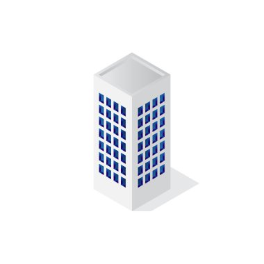 Isometric bina 3d simgesi, şehir vektör çizim şablonu beyaz arkaplan üzerinde izole