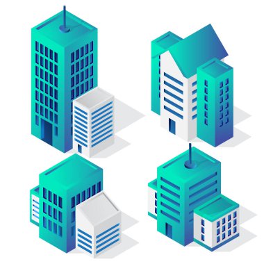 Isometric bina 3d simgesi, şehir vektör çizim şablonu beyaz arkaplan üzerinde izole
