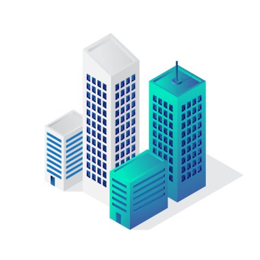Isometric bina 3d simgesi, şehir vektör çizim şablonu beyaz arkaplan üzerinde izole
