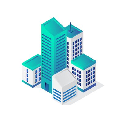Isometric bina 3d simgesi, şehir vektör çizim şablonu beyaz arkaplan üzerinde izole