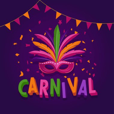 Karnaval arka planı, maskeli Brezilya geçit posteri ve renkli elementler vektör illüstrasyonu