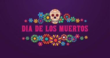 Dia De Los Muertos afişi renkli çiçeklerle süslenmiş kafatası, Meksika etkinliği, Fiesta, parti afişi, bayram tebrik kartı