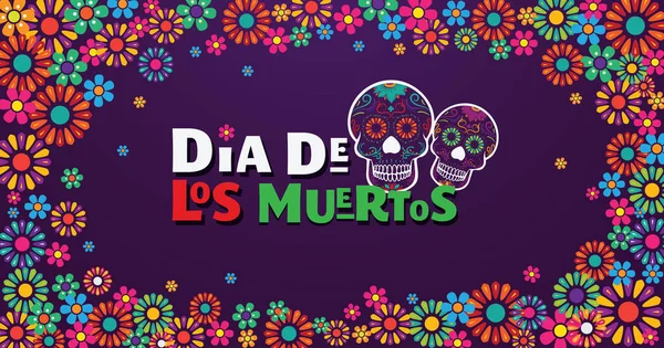 Dia Los Muertos Crânio Banner Decorado Com Flores Coloridas Evento Vetor De Stock