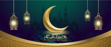 Ramazan Kareem Banner Hilal ay ve fenerle şablon çiziyor