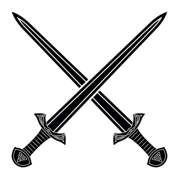 Dois cruzados Gladius Sword Silhouette em fundo branco. Mediev —  Vetores de Stock