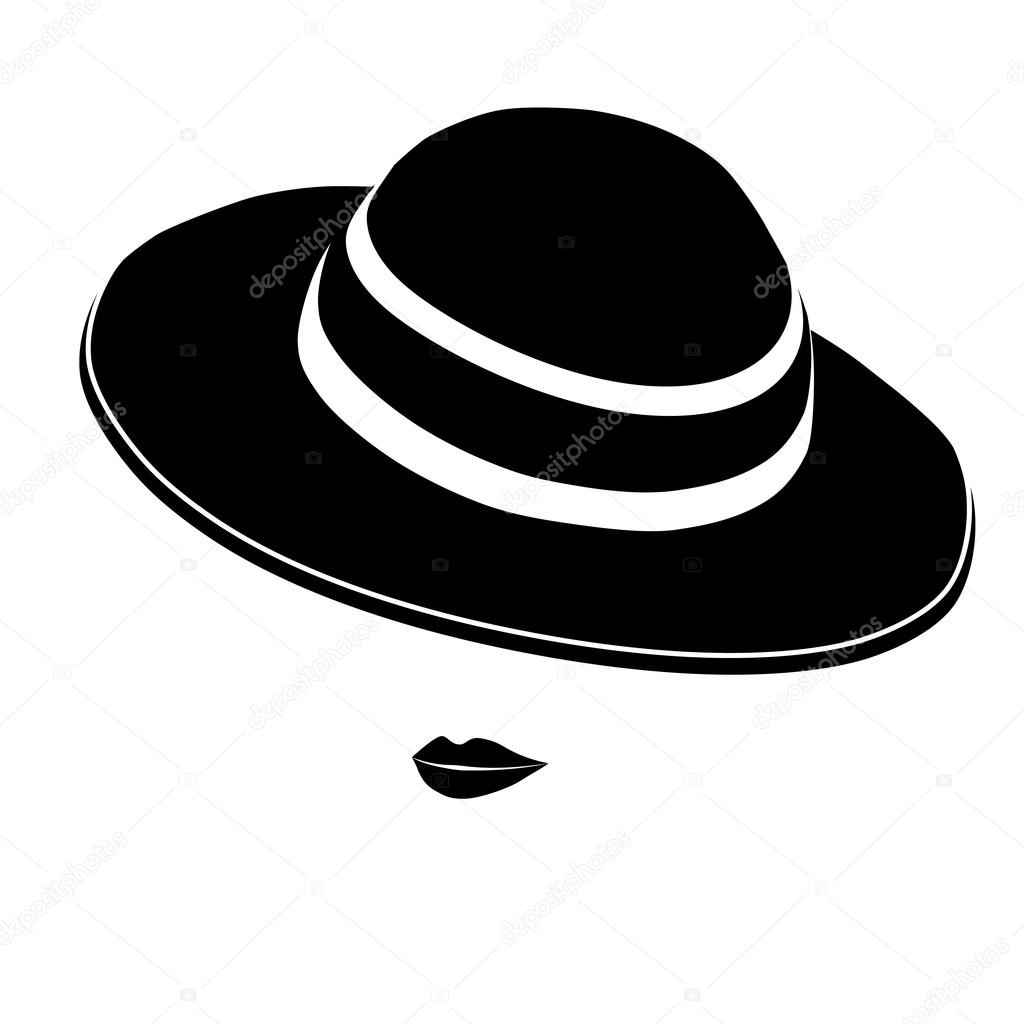 Lady in Hat. Black Silhouette Isolated on White Background. Lips and Hat