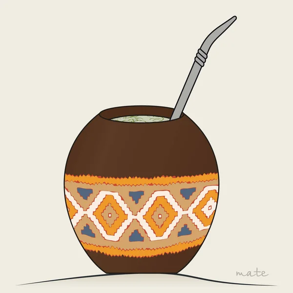 Yerba Mate Tea Calabaza Decorada Para Bebidas Tradición Argentina Ilustración — Vector de stock