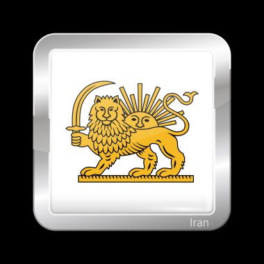 Variant Flag of Iran with Lion and Sun Emblem. Metallic Icon Squ