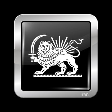 Variant Flag of Iran with Lion and Sun Emblem. Metallic Icon Squ