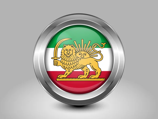 Variante Bandiera dell'Iran con Leone ed Emblema del Sole. Icona rotonda in metallo — Vettoriale Stock