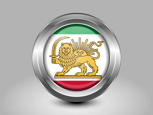 Variante Bandiera dell'Iran con Leone ed Emblema del Sole. Icona rotonda in metallo — Vettoriale Stock