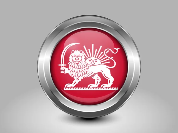 Bandera variante de Irán con emblema de León y Sol. Icono redondo de metal — Vector de stock