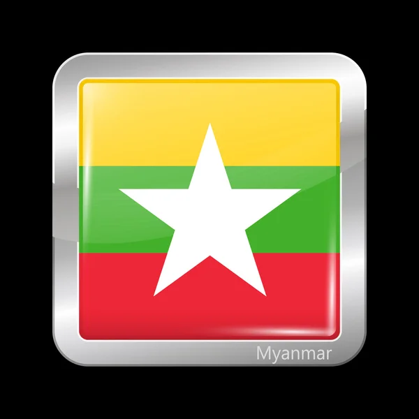 Bandeira de Myanmar. Forma quadrada do ícone metálico — Vetor de Stock