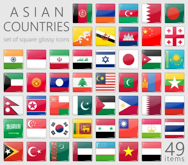 Banderas asiáticas. Cuadrados iconos brillantes — Vector de stock