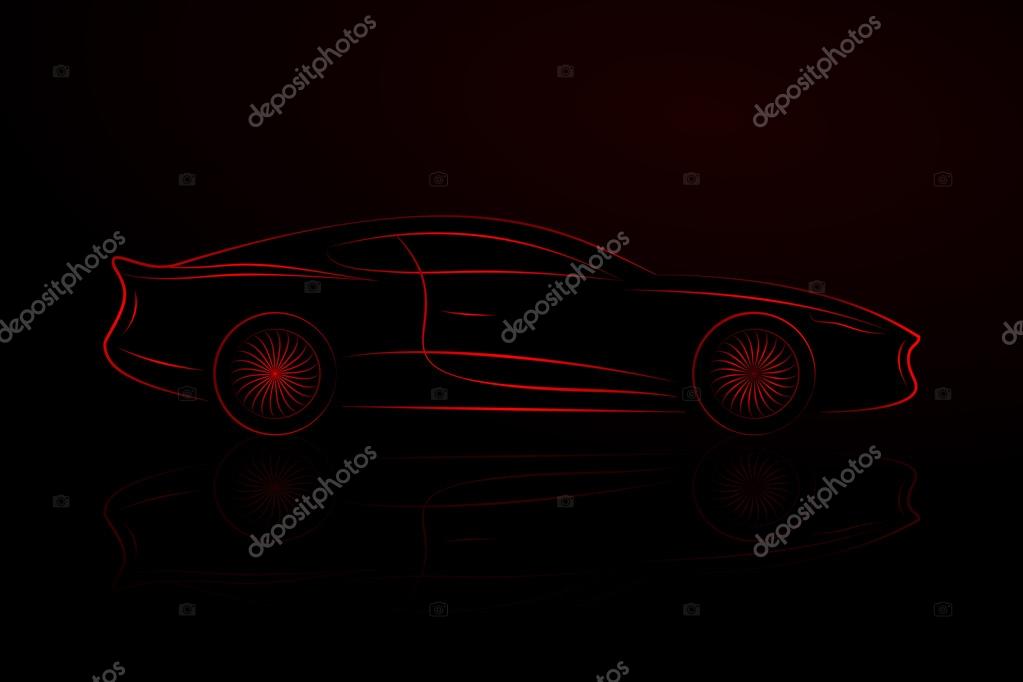 Outlines of Sports Cars. Vector Isolated On Black Background