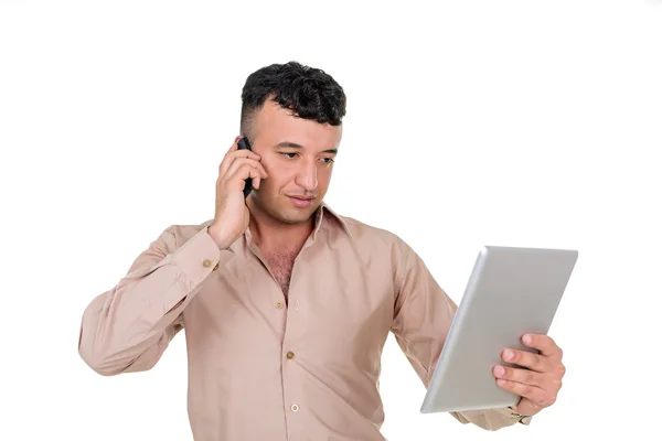 Geschäftsmann mit Palmtop-Computer und Telefon. — Stockfoto