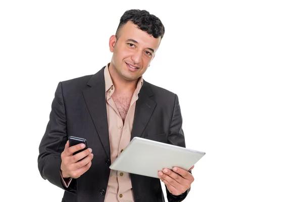 Businessman with a phone and a palmtop computer. — Stock Photo, Image