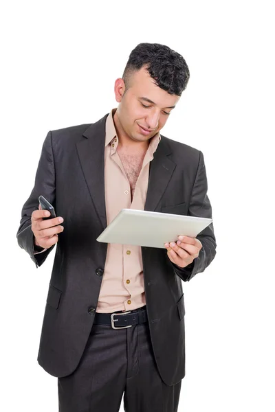 Geschäftsmann mit Telefon und Palmtop-Computer. — Stockfoto