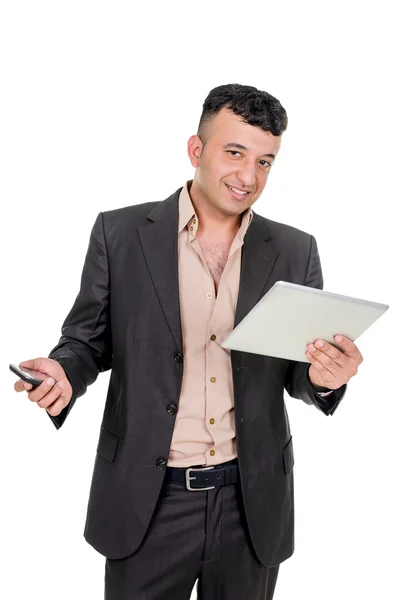 Homme d'affaires avec un téléphone et un ordinateur palmtop . — Photo