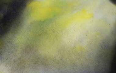 Mavi-sarı-gri suluboya arka plan. Beyaz bir arka planda şeffaf çizgiler ve noktalar. Boya sızıntıları ve ombre efektleri. Özet elle boyanmış resim.