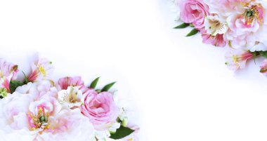 Beyaz arka planda beyaz ve pembe şakayıklar. Hassas bir festival kompozisyonu. Tebrik kartları, davetiyeler için arkaplan.