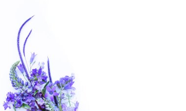 Beyaz arka planda bir demet leylak çiçeği. Bahar çiçeği aranjmanı. Tebrik kartları, davetiyeler için arkaplan.