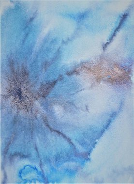 Altın mavisi suluboya arka plan. Beyaz bir arka planda şeffaf çizgiler ve noktalar. Boya sızıntıları ve ombre efektleri. Özet elle boyanmış resim