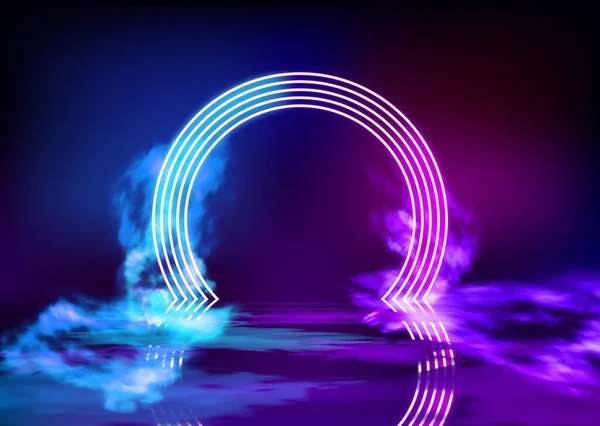 Neon färg geometrisk cirkel på mönster bakgrund. Rund mystisk portal, neonskylt. Reflektion av blått och rosa neonljus på golvet. Strålar av ljus i mörkret, rök. Vektor. — Stock vektor