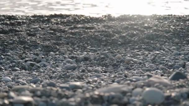 Пляж покритий невеликою галькою біля моря з прокатними хвилями — стокове відео