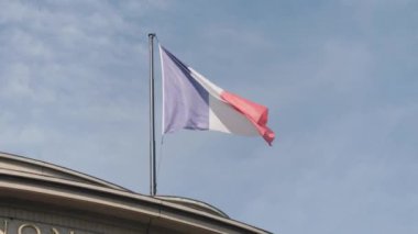 Louvre 'un çatısında hafif rüzgârda dalgalanan Fransız bayrağı