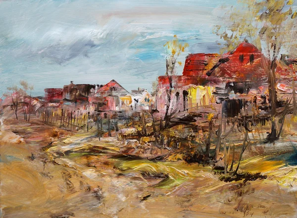 Houses in the village, oil painting