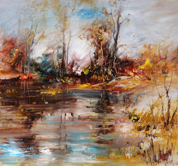 Landscape on the lake shore, oil painting — Stock Photo, Image