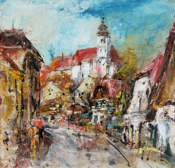 Strada con torre della chiesa, pittura ad olio — Foto Stock