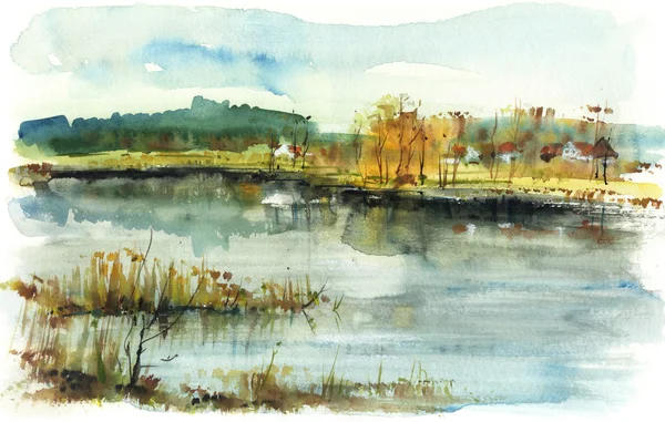 Rybník u vesnice, akvarel — Stock fotografie