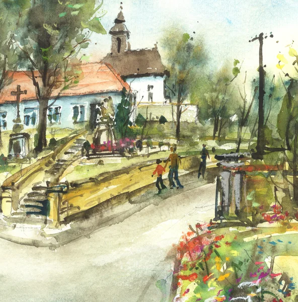 A templom és a nép, akvarell — Stock Fotó