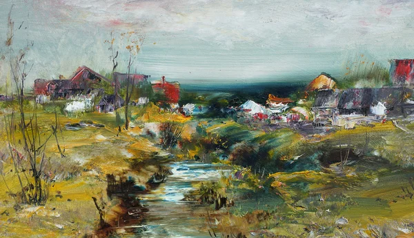 Landschap met dorp en stream, olieverfschilderij — Stockfoto