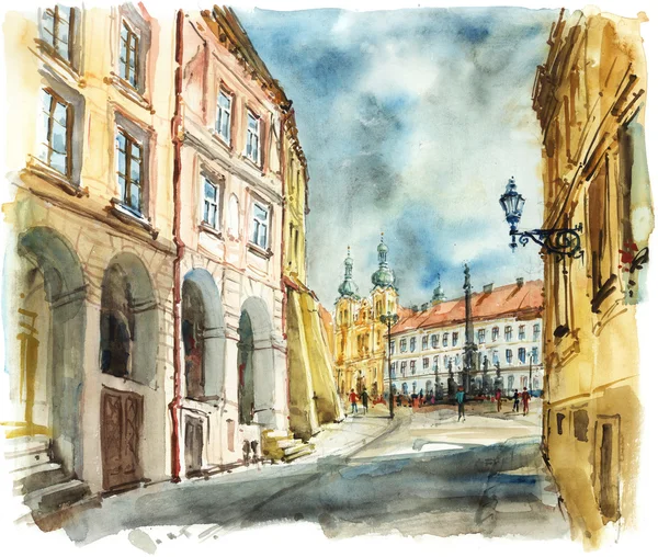 Ruas para a praça com uma igreja, aquarela — Fotografia de Stock