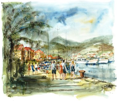 Şehrin Akdeniz adada sulu boya