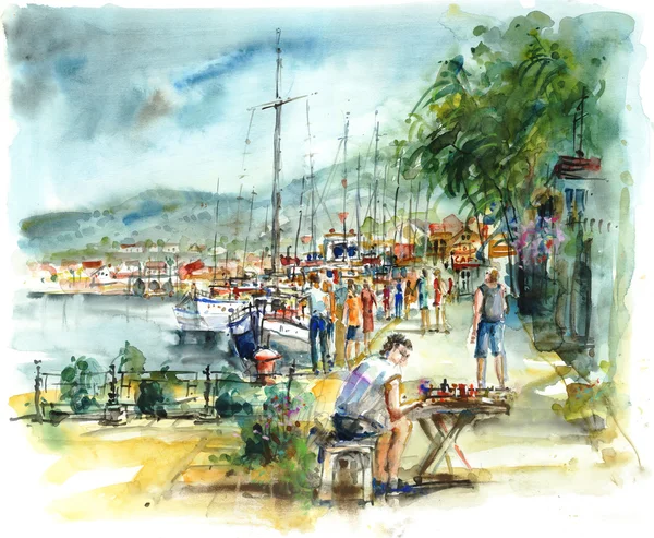 Mensen in de haven, aquarel — Stockfoto