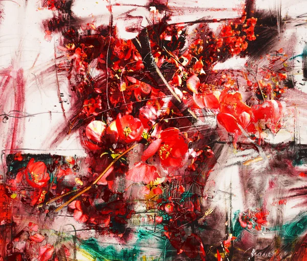 Red flowers, oil painting and mixed media