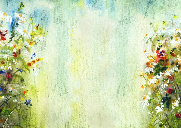 Blomma Stilleben med prästkragar, konstnärlig bakgrund akvarell — Stockfoto